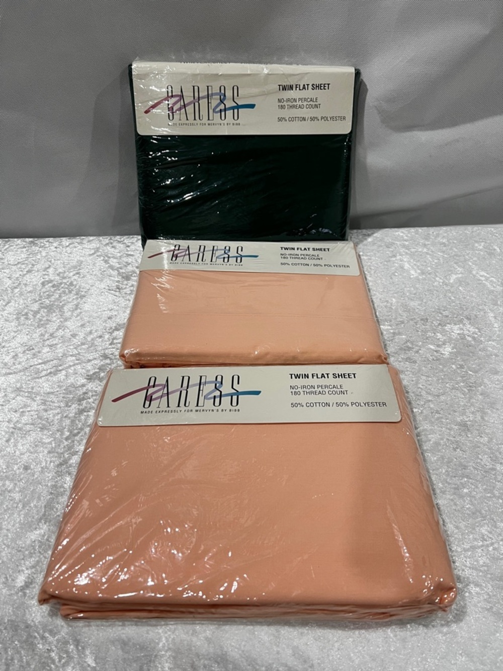 Vintage Sheets Lot  Of 3 CARESS Twin Flat Sheet Green Peach Coral Cotton Blend